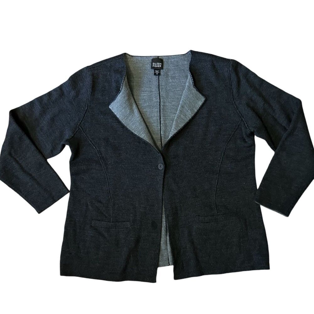 EILEEN FISHER 100% Wool Jacket Cardigan One Button Blazer‎ Sz Medium *flaw